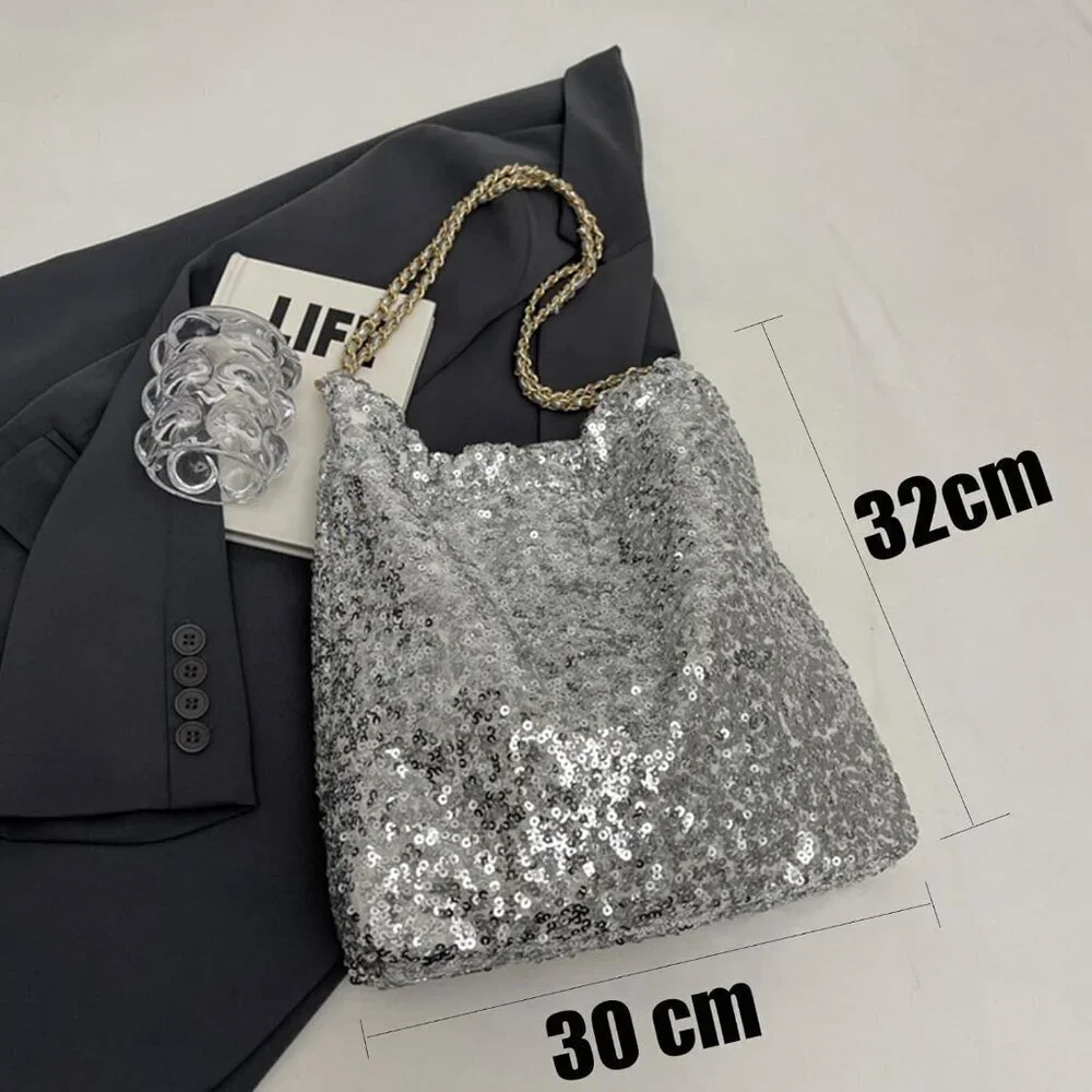 Women's Glitter Sequin Shoulder Tote Large Capacity Sparkling Handbag
